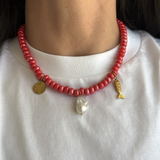 Honey - collier en perles céramique rouge charms